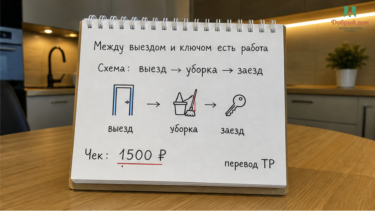 Между выездом прежних гостей и передачей ключей — уборка и смена белья.