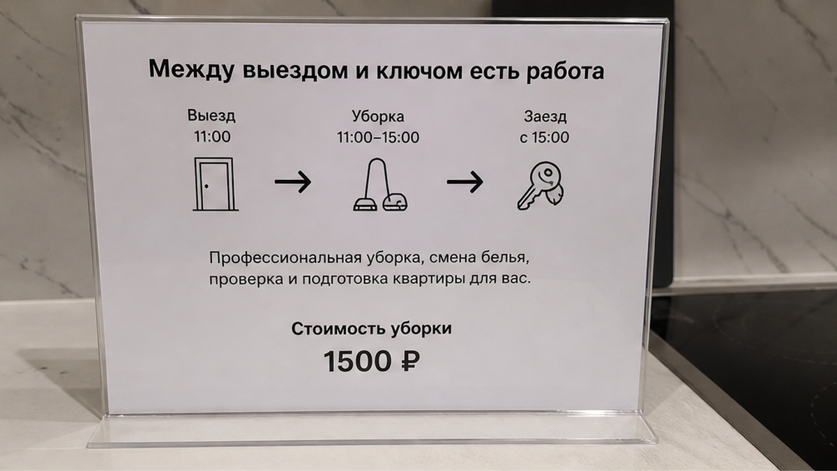 Переписка: гость спрашивает ключ, хозяин отвечает про уборку до обеда.