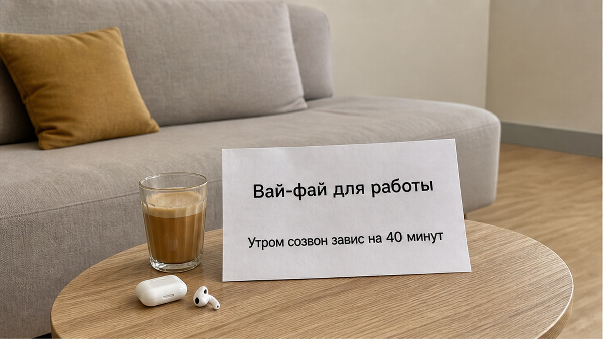 Гость проверяет Wi‑Fi до оплаты: на столе смартфон с тестом скорости, чек-лист и план квартиры, рядом выделена кнопка оплаты.