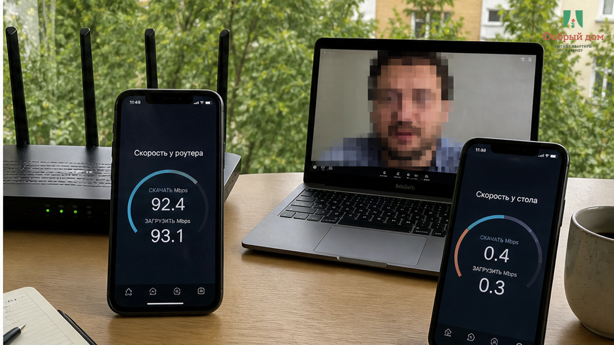 После улучшения сигнала гость спокойно работает за столом; тест скорости показывает хороший результат, все пункты проверки отмечены.