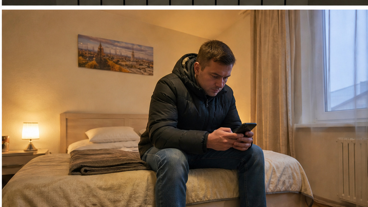 Гость в куртке сидит на краю кровати со смартфоном, рядом сложенное одеяло, горит лампа.
