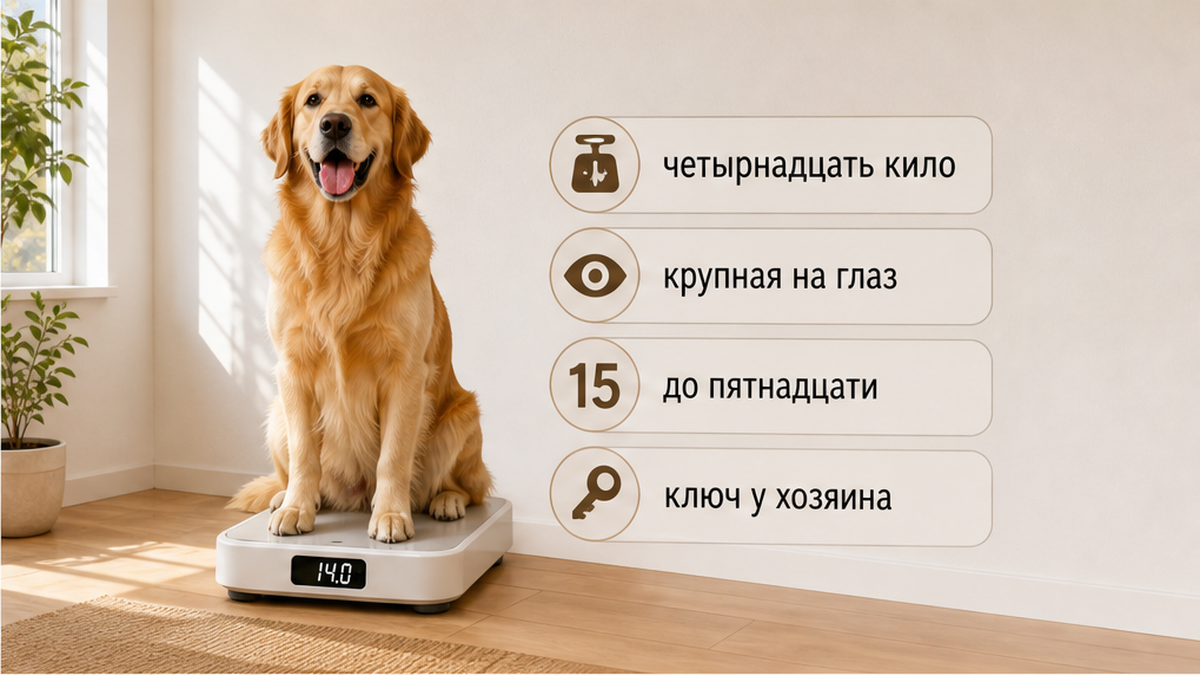 14 кг на весах — измеримый факт; слово «крупная» без порога веса — оценка на глаз.