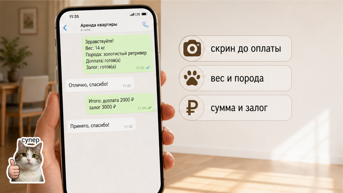 Сохраните скриншот переписки с весом, породой, доплатой и залогом — до перевода денег.