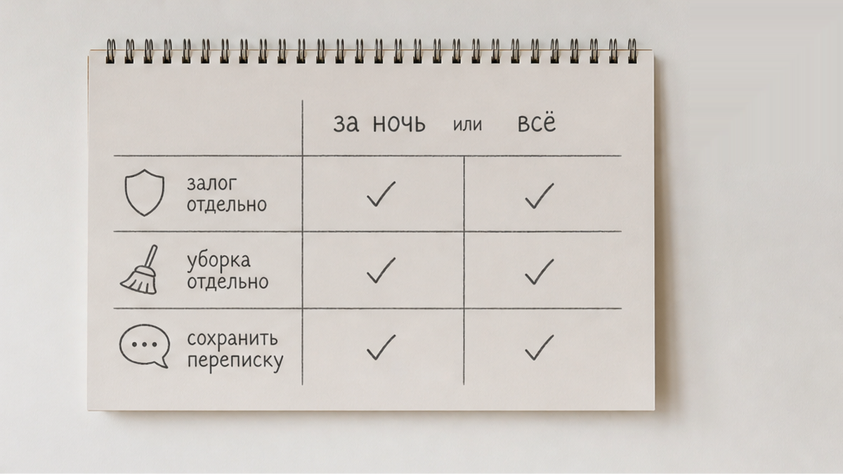 Доплата может быть за ночь или за весь заезд; залог и уборка — отдельные строки.