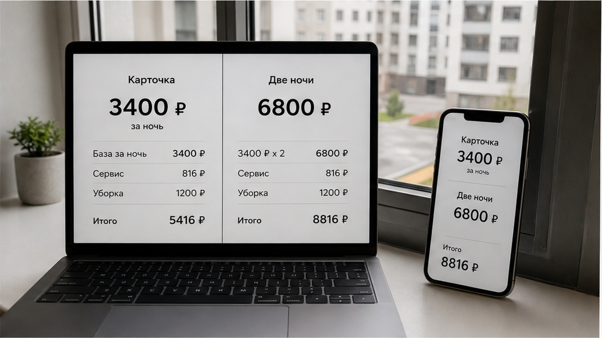 Сравнение цены в карточке 3400 ₽ и суммы за две ночи 6800 ₽ на экранах устройств