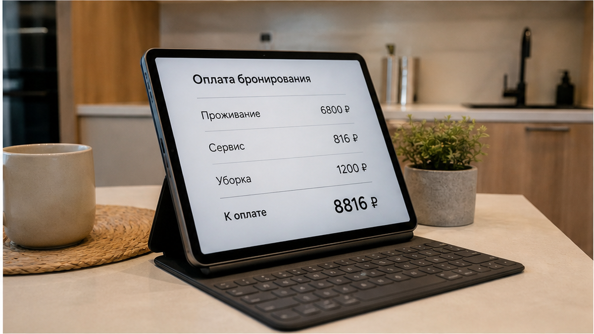 Детализация оплаты: сервисный сбор 816 ₽, уборка 1200 ₽, итог 8816 ₽