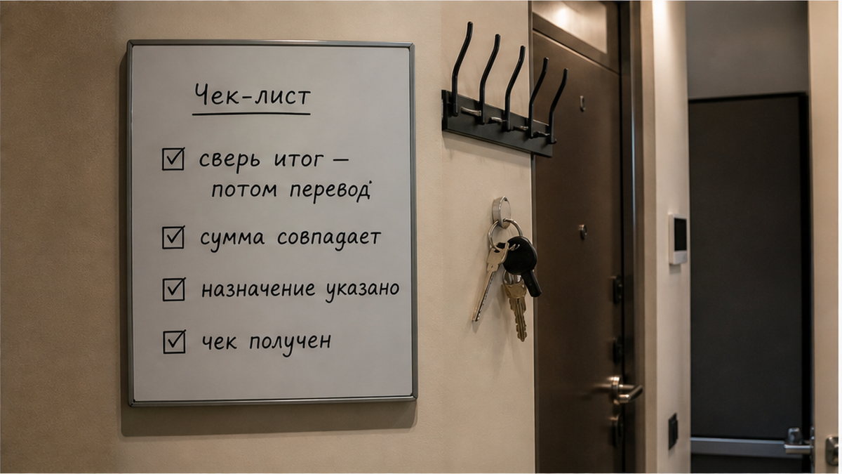 Чек-лист перед оплатой: сверить полный итог, сначала проверка, потом перевод