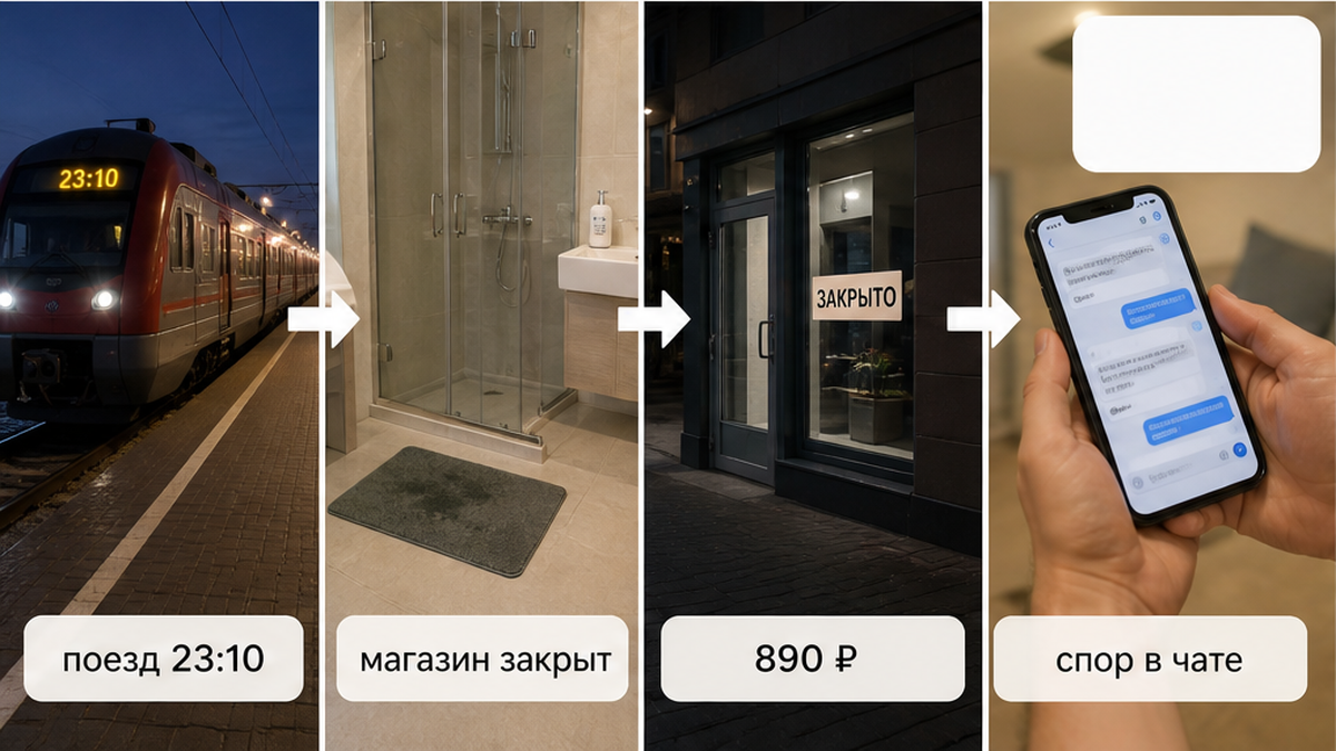Поздний заезд, пустая ванная, закрытый магазин и ночная покупка за 890 ₽.