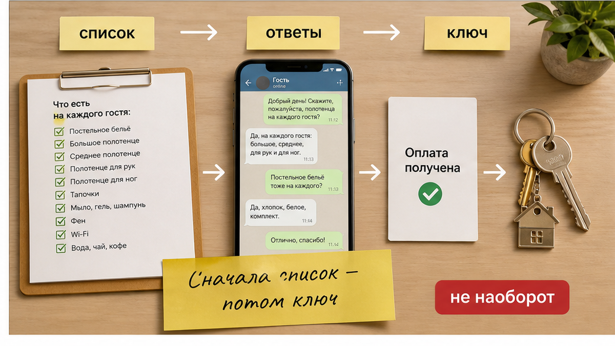 Сначала список комплектации и ответы, потом оплата и ключ.