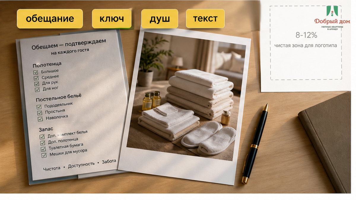 Чек-лист комплектации рядом с фото подготовленных полotенец и кроватей.