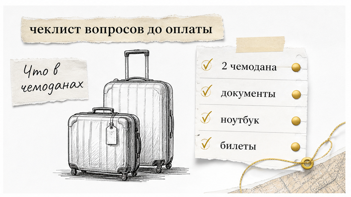 2 чемодана: документы, ноутбук, билеты.