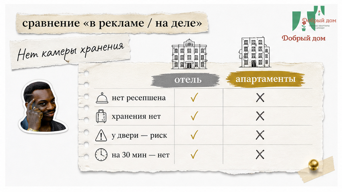 Отель vs квартира: нет хранения.