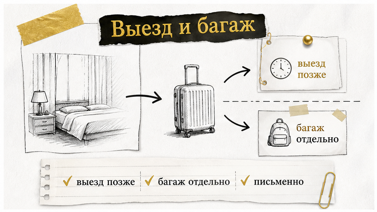 Поздний выезд и хранение багажа — отдельные договорённости.