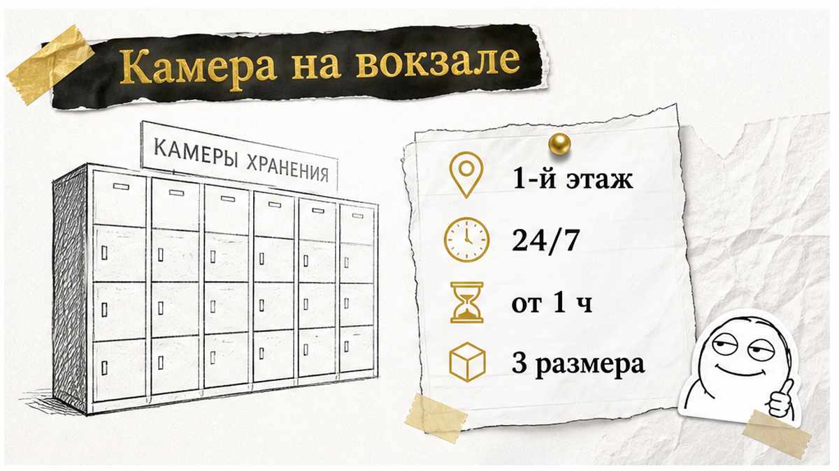 Автоматические камеры хранения на вокзале: 1-й этаж, 24/7, три размера.