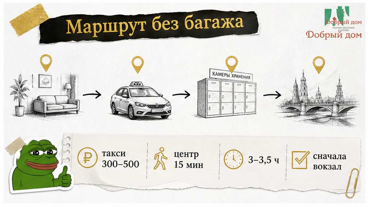 Маршрут: такси до вокзала, сдать багаж, 3–3,5 часа свободны в центре.