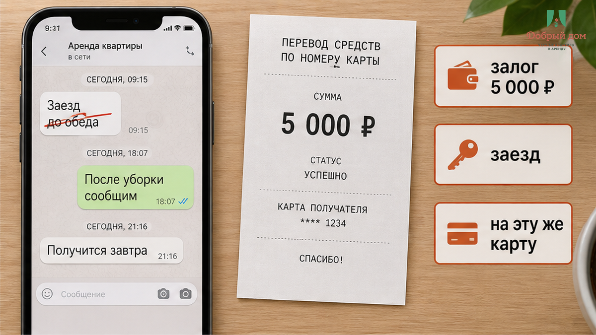 Переписка показывает, как срок возврата залога отодвигается от «до обеда» к «после уборки» и «завтра».