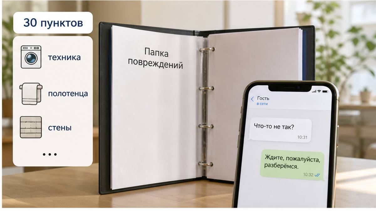 Нет фото повреждений, акта и суммы удержания — только просьба подождать без срока.