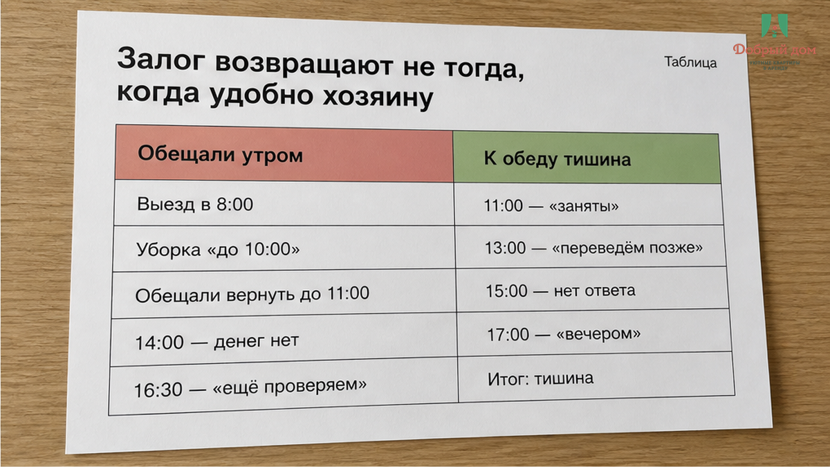 Сравнение обещания вернуть залог утром и ответа «после уборки».