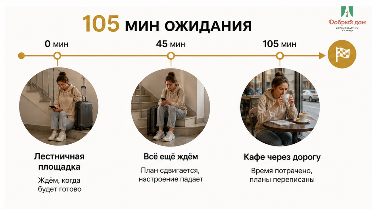 105 минут с чемоданом: часть на лестничной площадке, часть в кафе через дорогу.