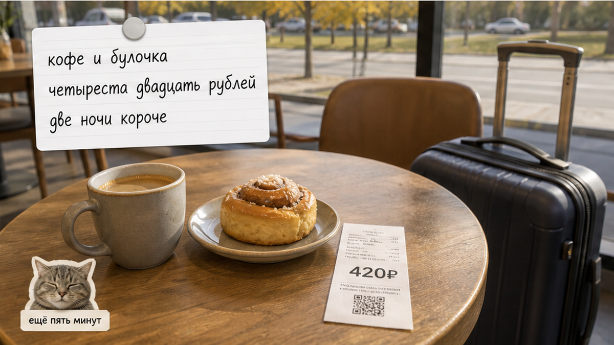 420 ₽ на кофе и булочку — цена ожидания, пока квартира не готова; короткая поездка на две ночи.