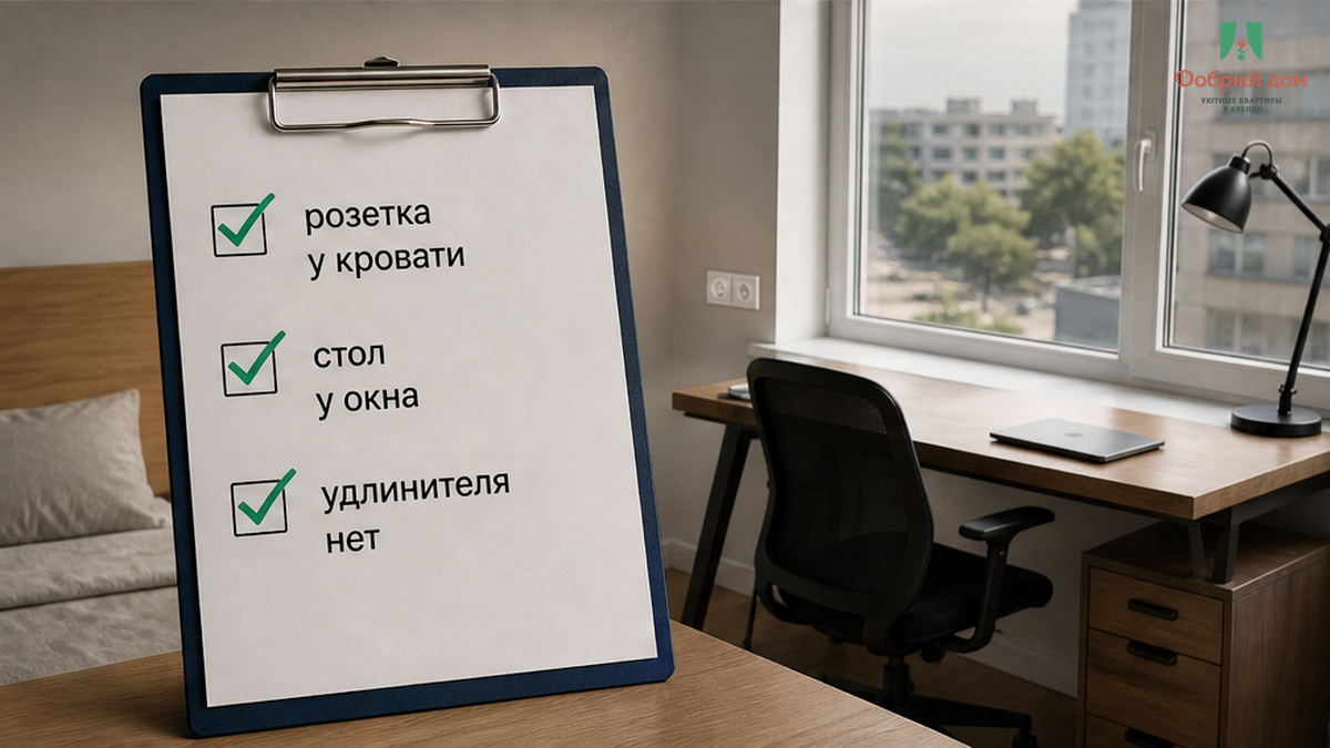 Розетка у кровати, стол у окна без удлинителя.