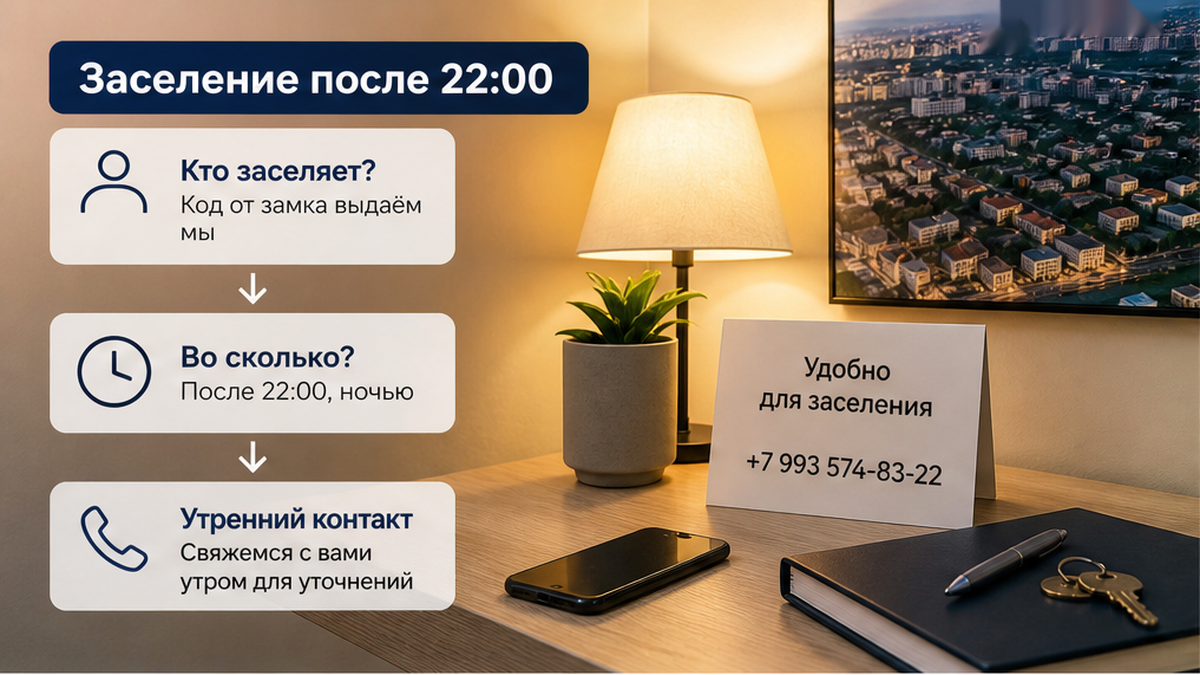 Поздний заезд: код и контакт утром.