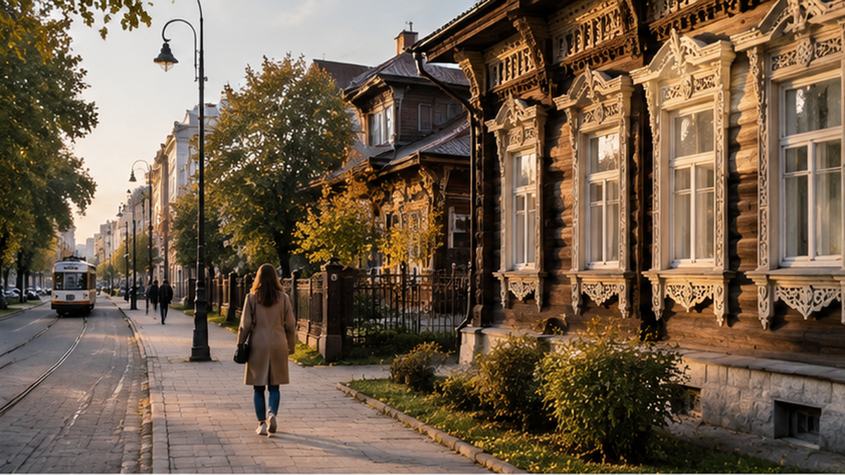 Пешеход на тюменской улице у исторических деревянных домов. Маршрут по центру города без оплаты
