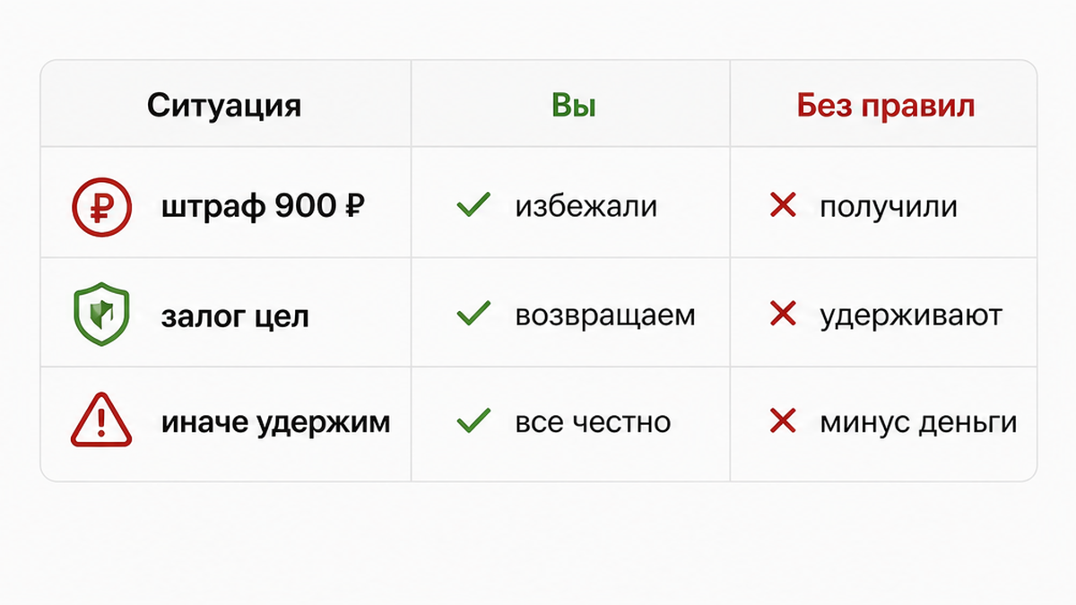 На выезде штраф 900 ₽ и угроза удержать залог, пока депозит не списали.
