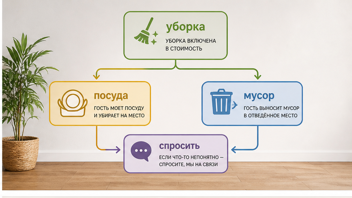 Разные трактовки фразы «уборка включена» про посуду и мусор.