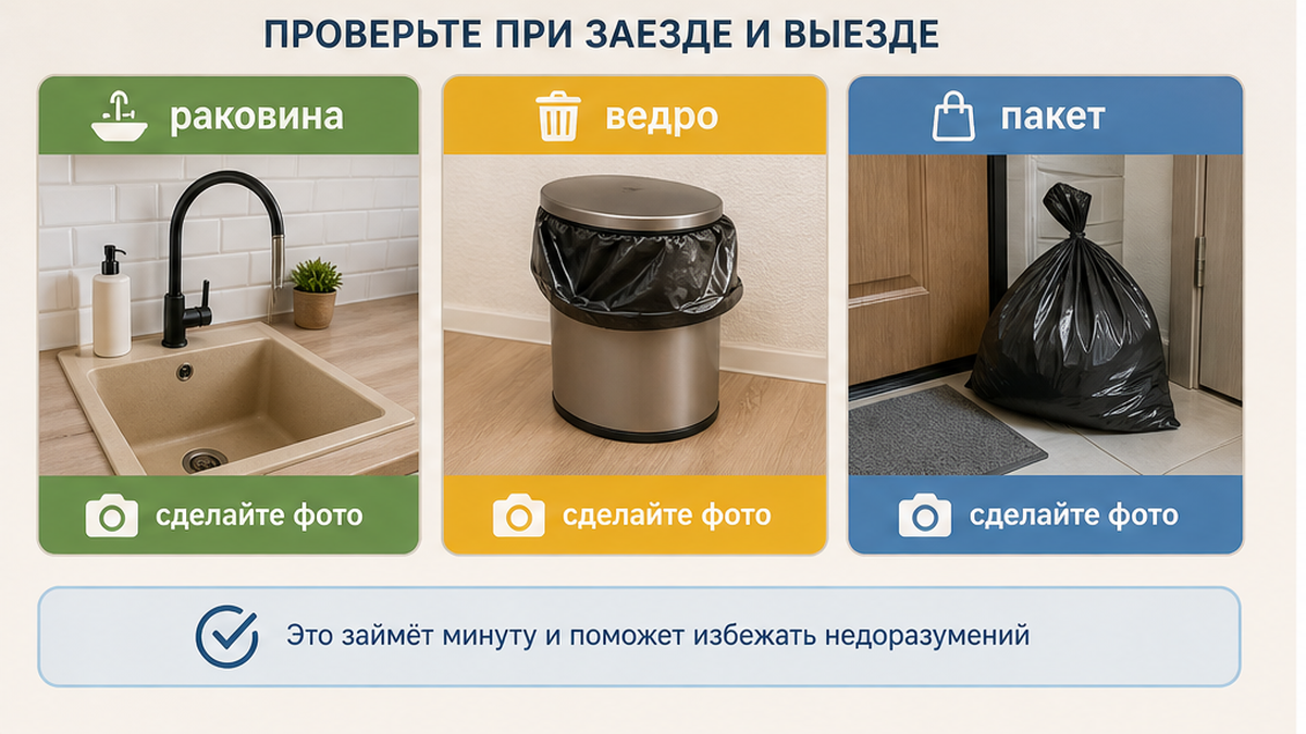 Снимки раковины, мусорного ведра и пакета при заселении и выезде.