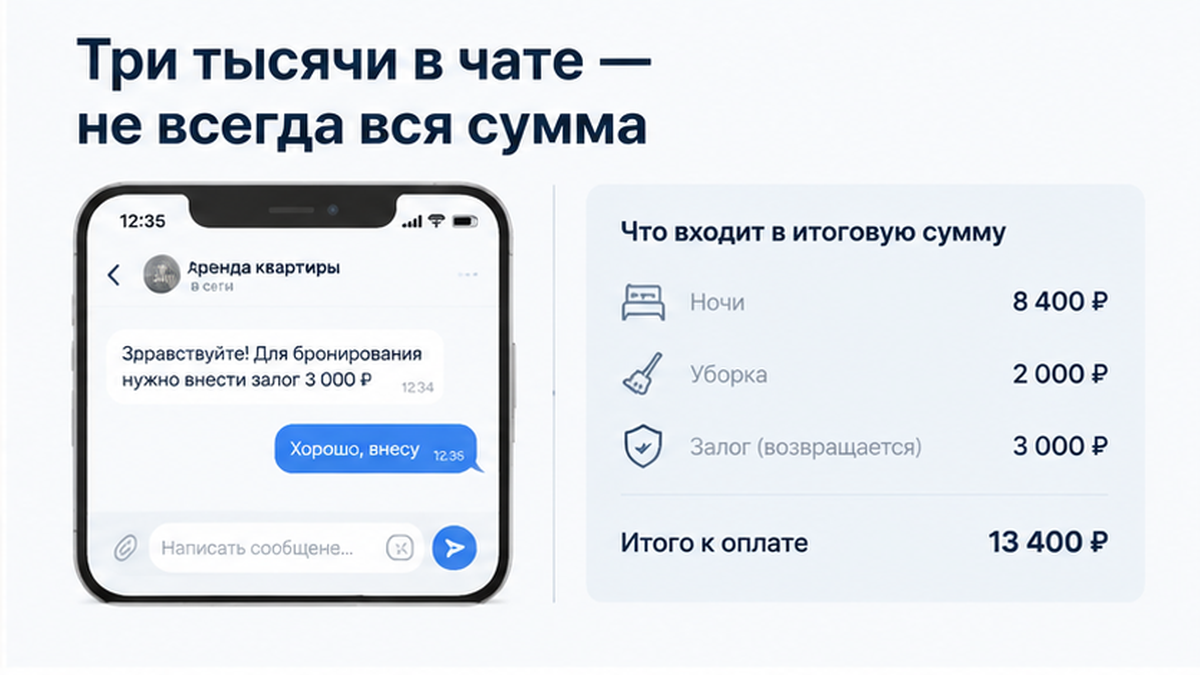 Сравнение: залог 3000 в переписке и состав итога 11400 на экране оплаты