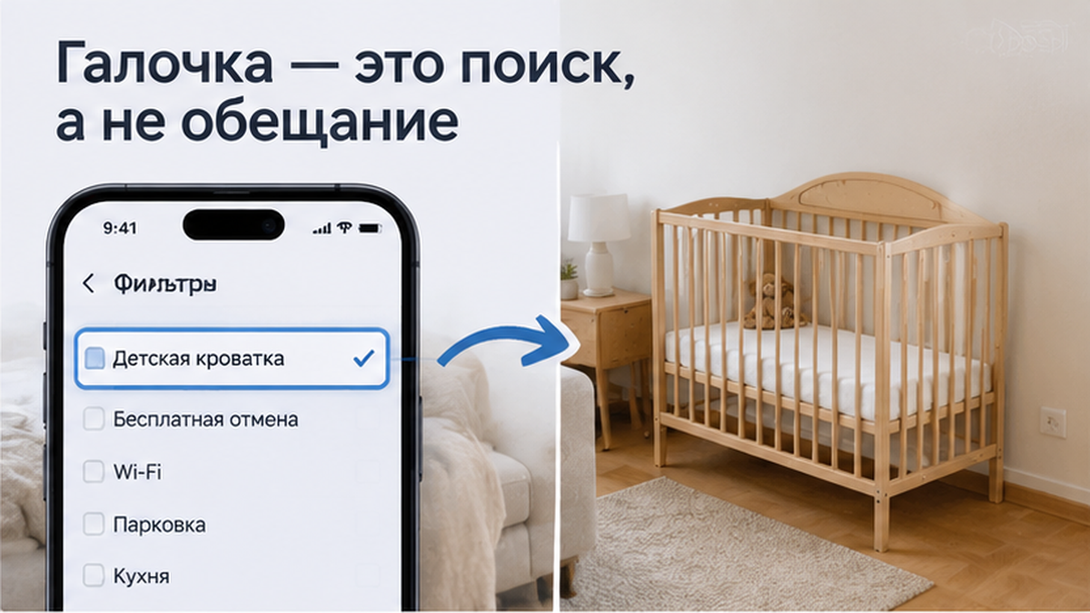 Сравнение: галочка в фильтре бронирования и пустой угол в квартире без кроватки
