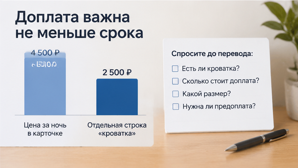 Диаграмма: цена ночи и отдельная доплата за детскую кроватку, напоминание спросить до оплаты