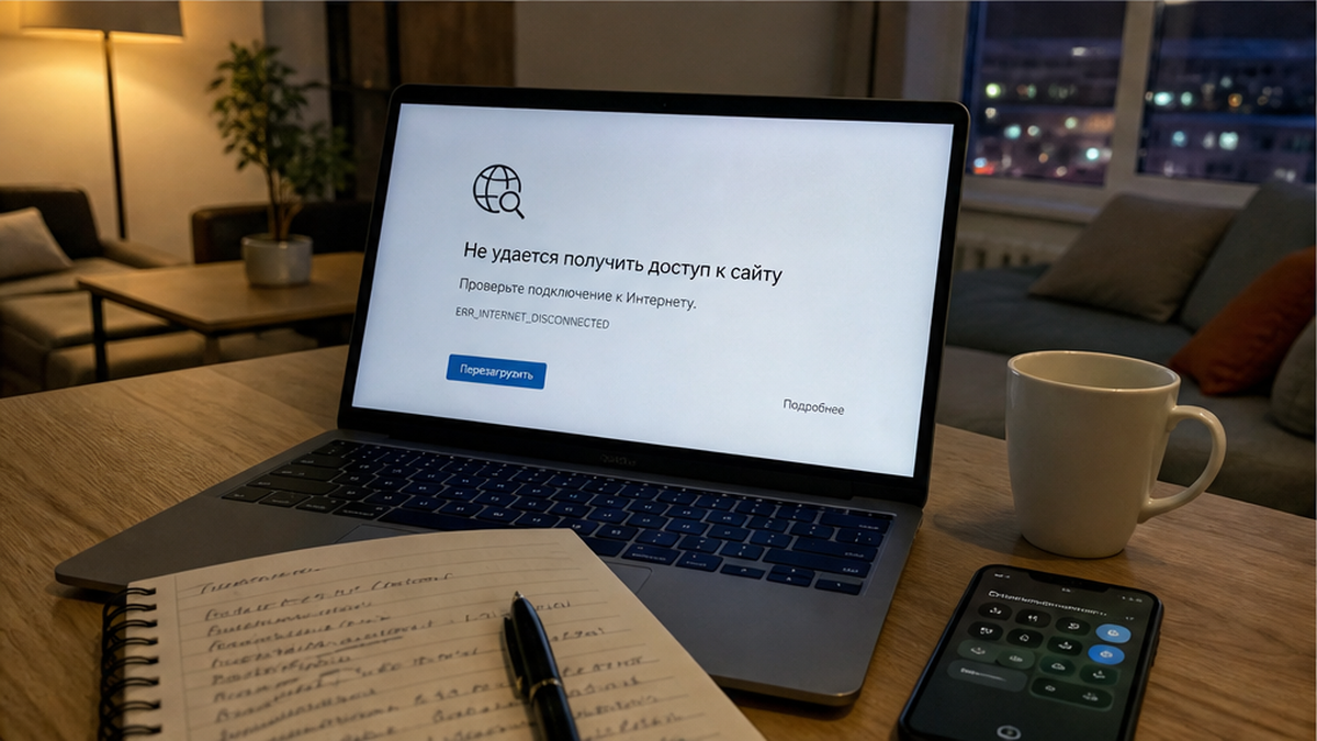Ноутбук без сети рядом с роутером во время перезагрузки; на предметных стикерах зафиксированы вечерняя работа страниц и утреннее отсутствие подключения