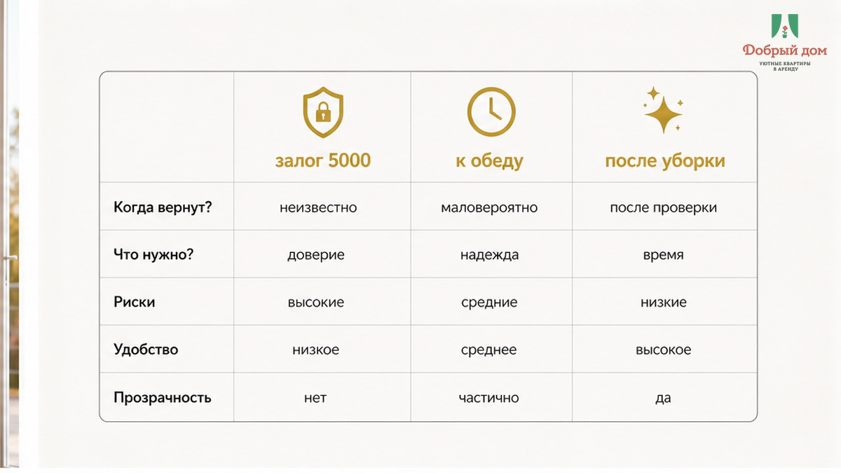 Сравнение: в чате обещали вернуть 5 000 ₽ залога к обеду, потом написали «после уборки» без нового времени