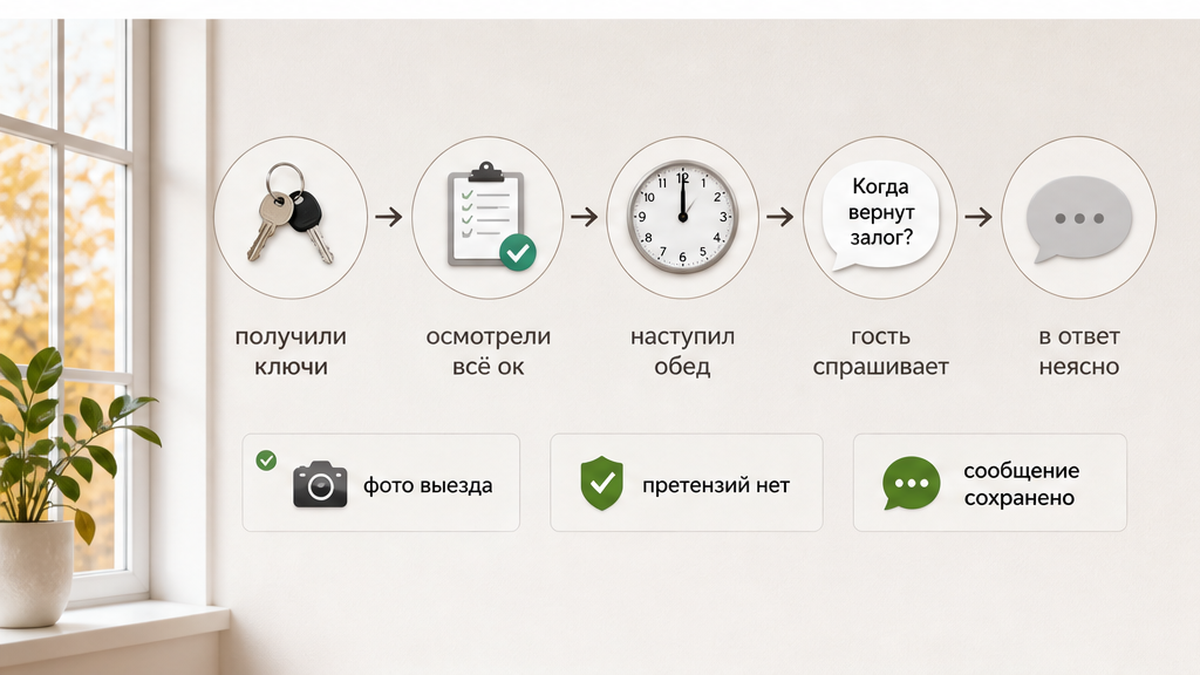 Схема: ключи сданы без претензий, обед прошёл, гость спрашивает про перевод — ответ «после уборки»