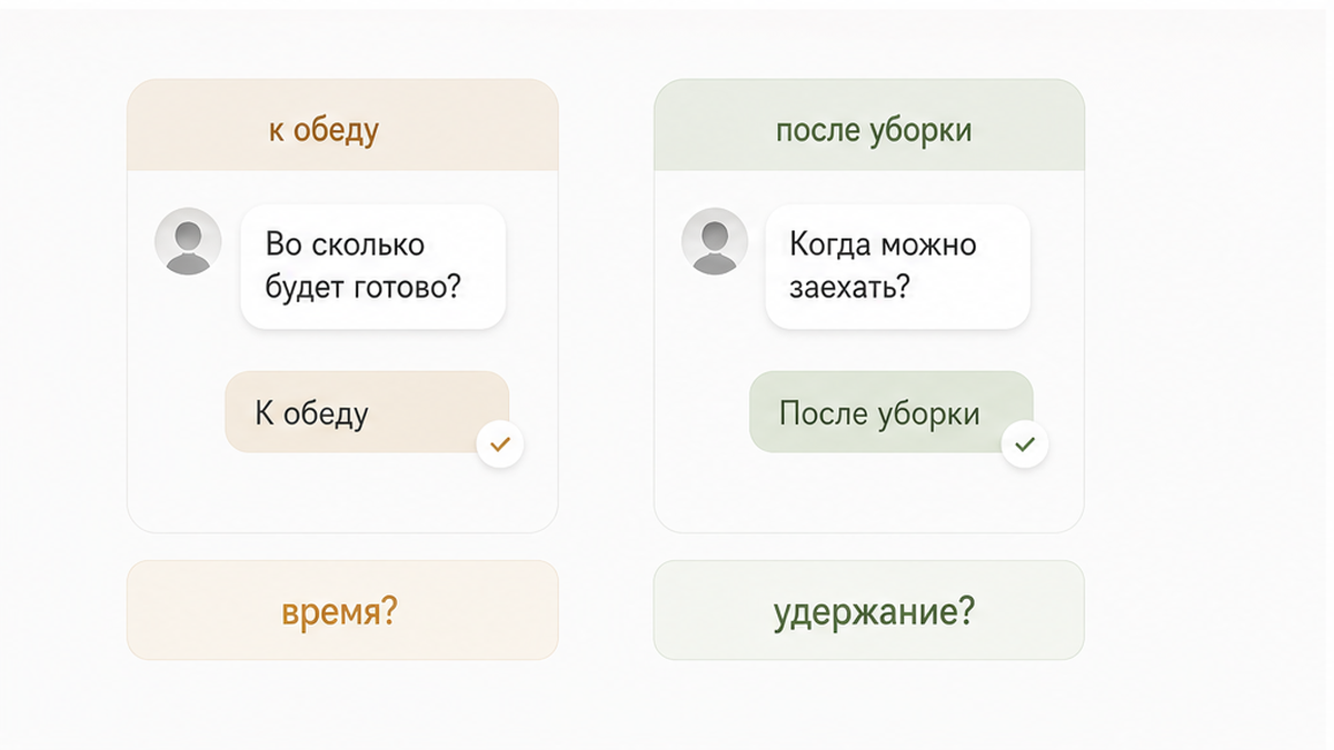 Сохранить оба сообщения хозяина: конкретное «к обеду» и расплывчатое «после уборки»